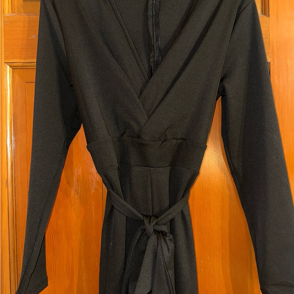 Classic Black Long Sleeve Robe with Tie Belt